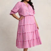 Cotton Gingham Tiered Dress - Lilac & Coral Gingham