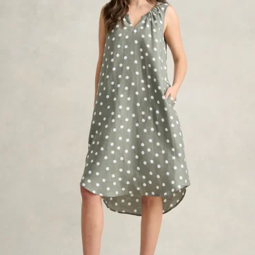 Gathered French Linen Dress - Olive Polka Dot