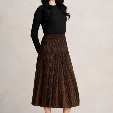 Pleated Knit Skirt - Chocolate & Camel