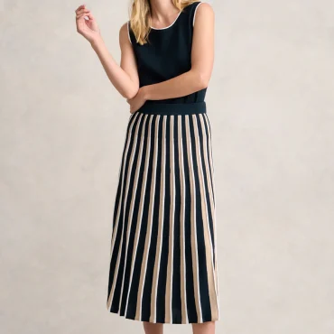 Pleated Knit Skirt - Deep Navy Stripe