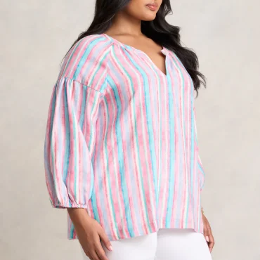 Puff Sleeve Linen Top - Summer Stripe