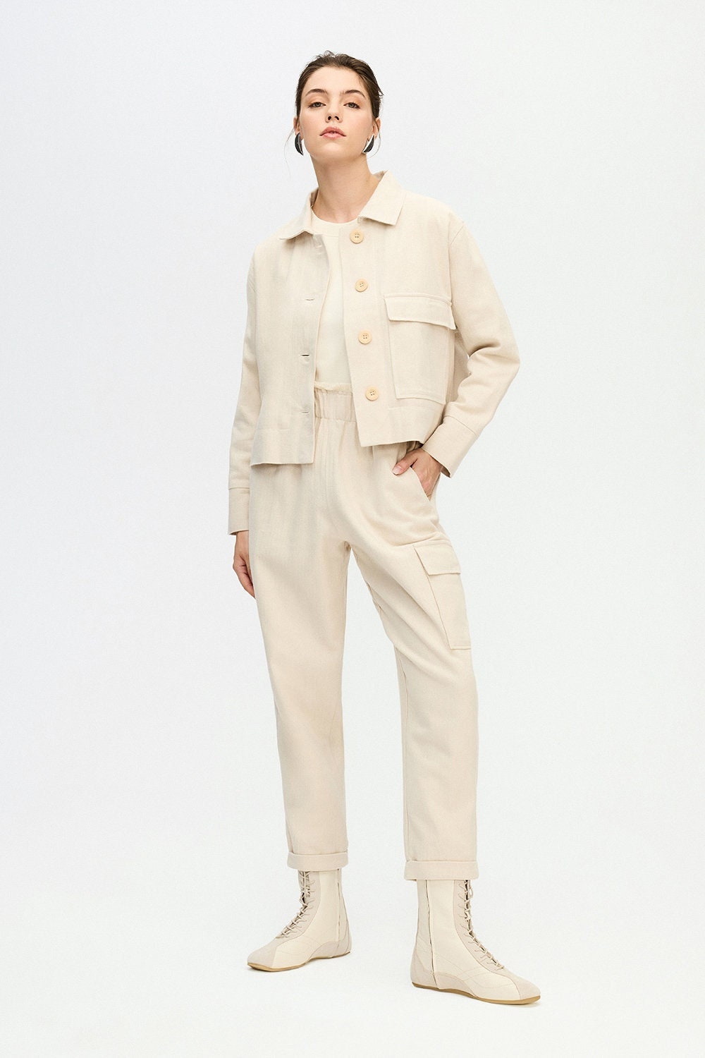 Herringbone Short Jacket Cotton Beige Cream Soft