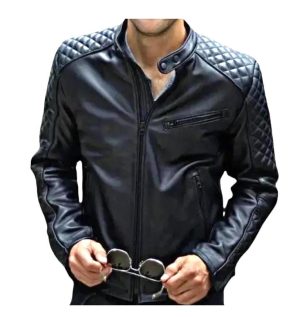Men's Sheepskin Leather Cafe Racer Jacket Black Motorcycle